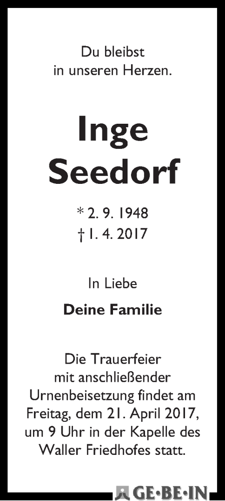 Traueranzeige von Inge Seedorf von WESER-KURIER