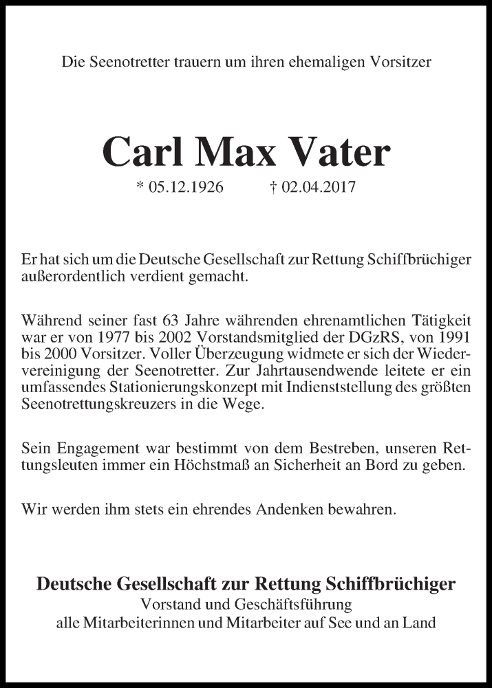Traueranzeige von Carl Max Vater von WESER-KURIER