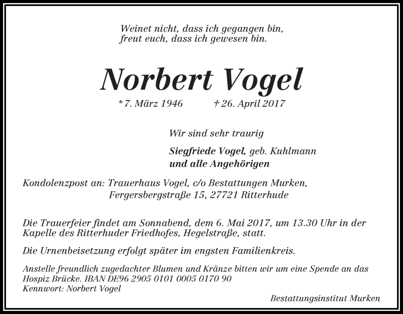 Traueranzeige von Norbert Vogel von Osterholzer Kreisblatt