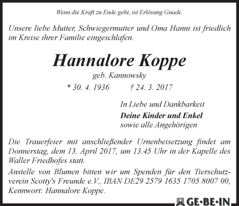 Traueranzeige von Hannalore Koppe von WESER-KURIER