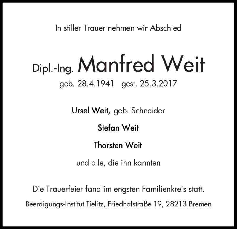 Traueranzeige von Manfred Weit von WESER-KURIER