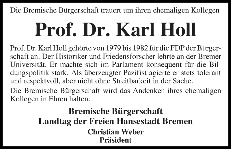 Traueranzeige von Karl Holl von WESER-KURIER