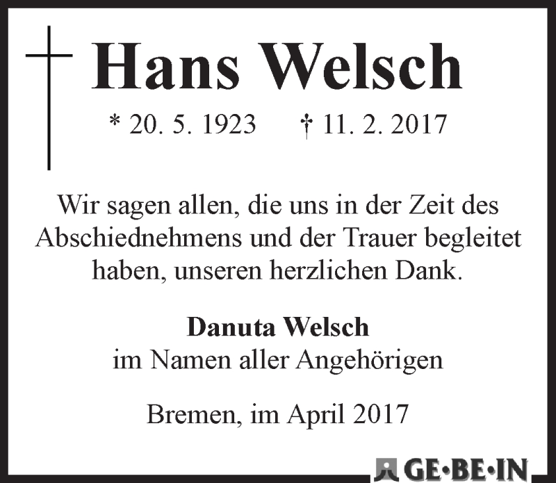 Traueranzeige von Hans Welsch von WESER-KURIER