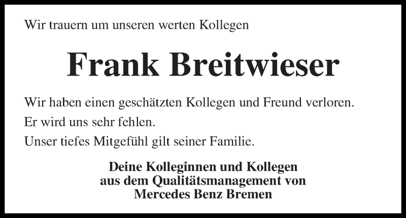  Traueranzeige für Frank Breitwieser vom 08.04.2017 aus WESER-KURIER
