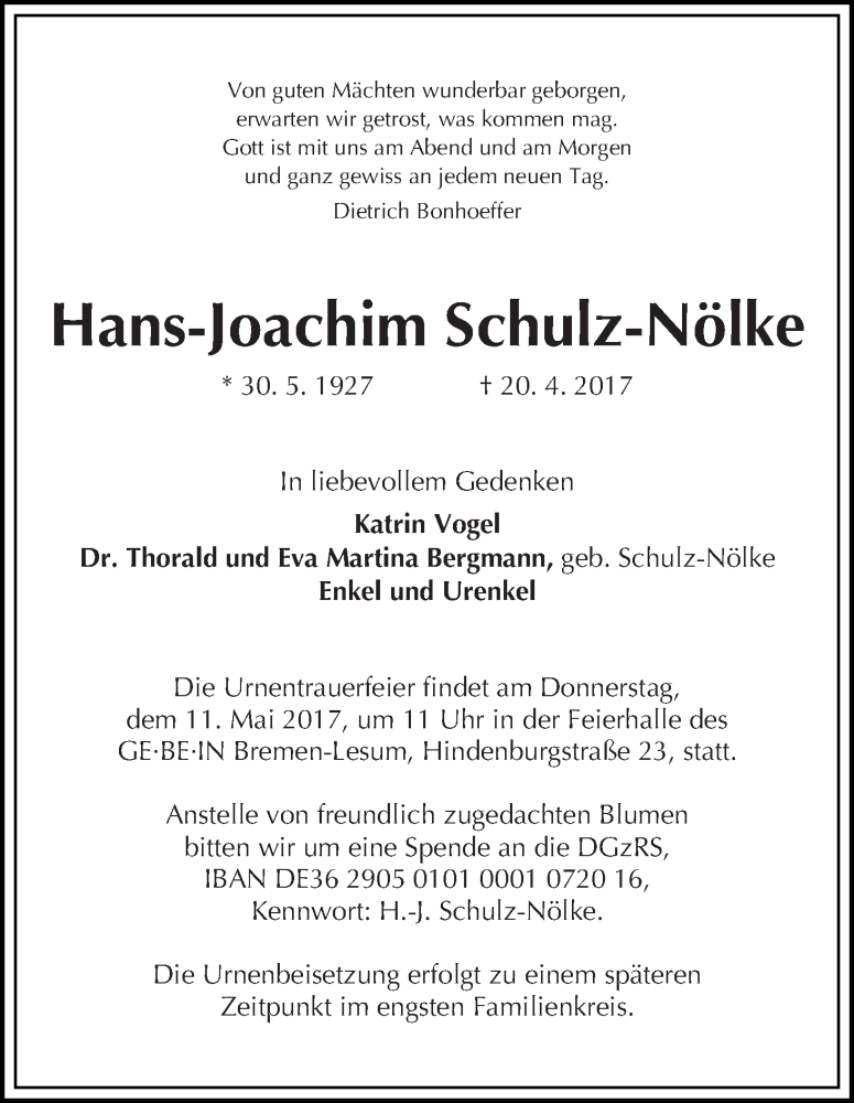 Traueranzeige von Hans-Joachim Schulz-Nölke von WESER-KURIER