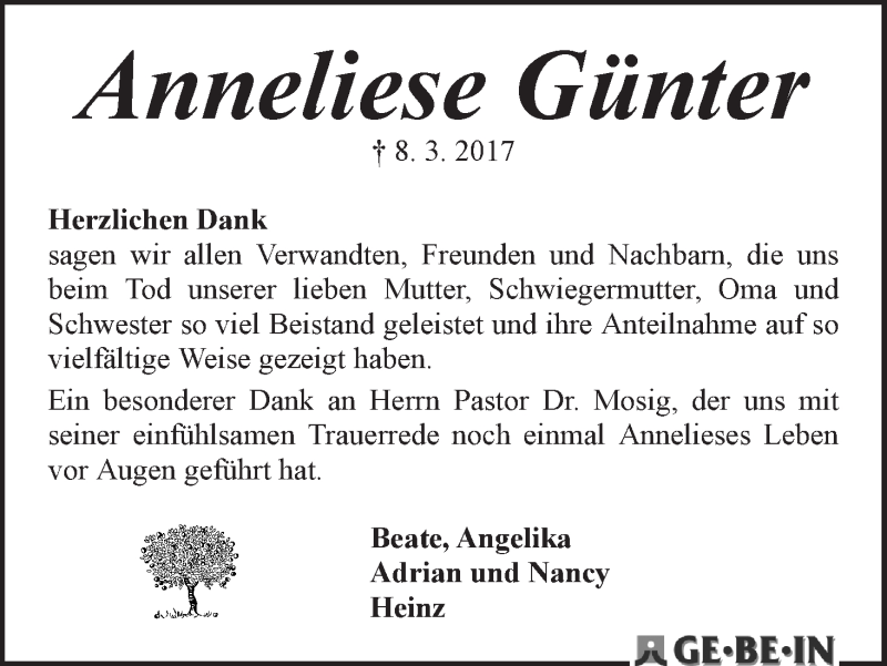 Traueranzeige von Anneliese Günter von WESER-KURIER