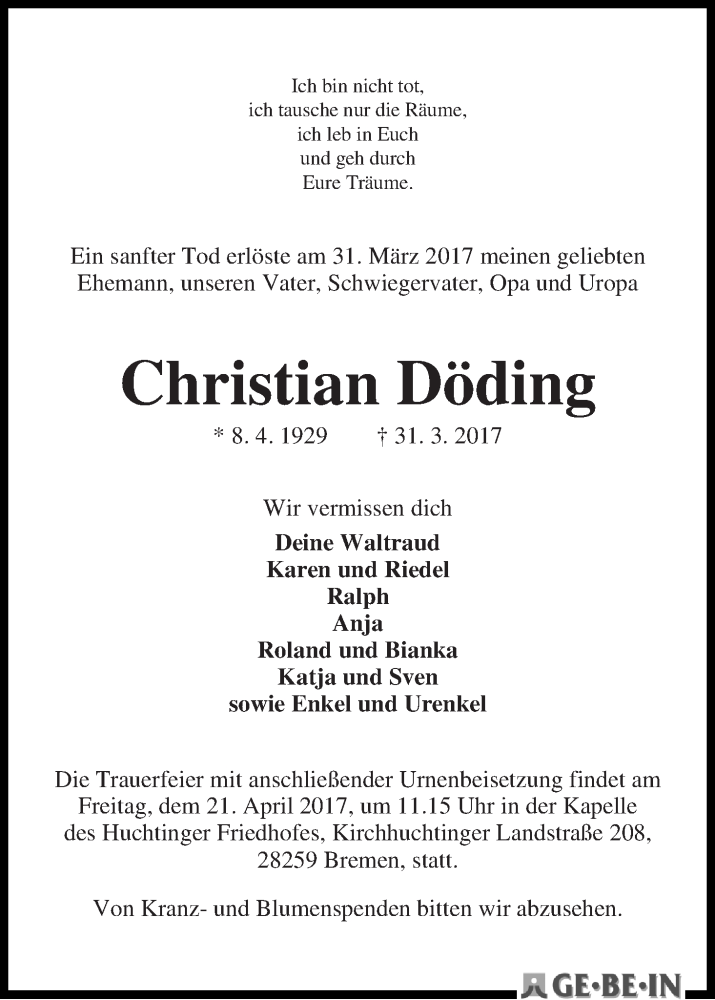 Traueranzeige von Christian Döding von WESER-KURIER