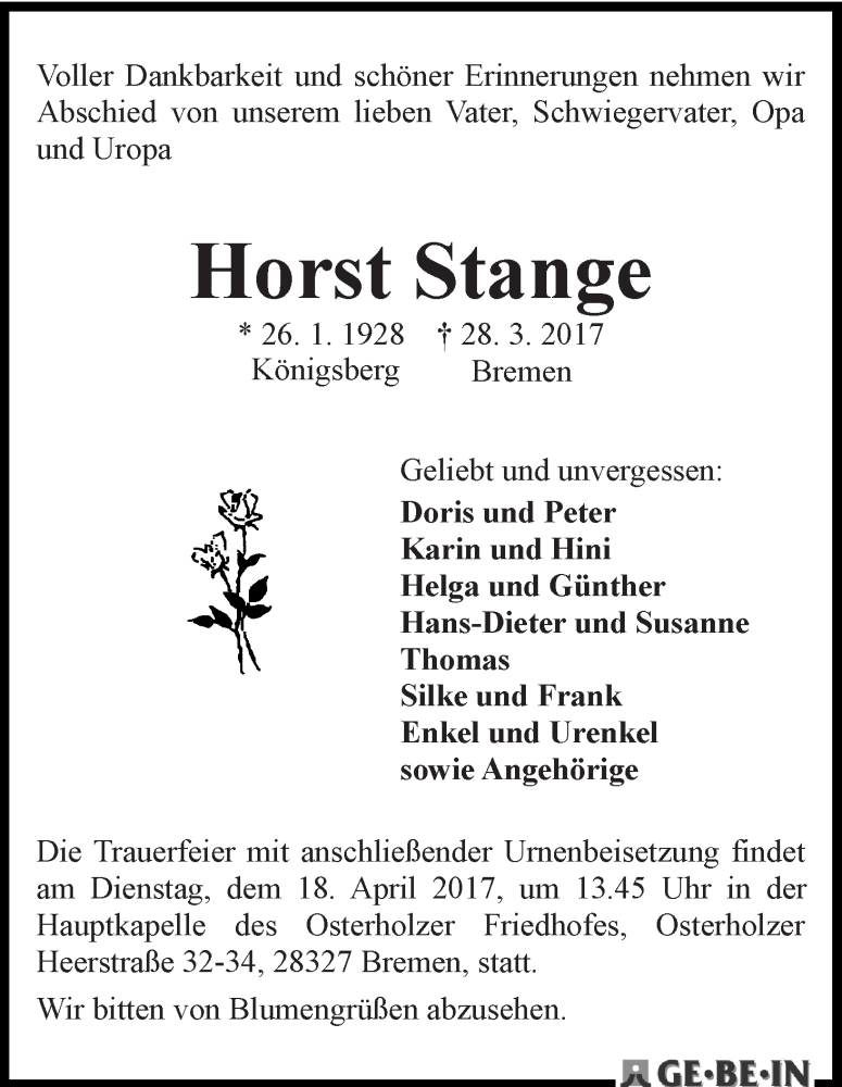 Traueranzeige von Horst Stange von WESER-KURIER