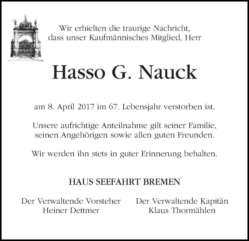  Traueranzeige für Hasso G. Nauck vom 15.04.2017 aus WESER-KURIER