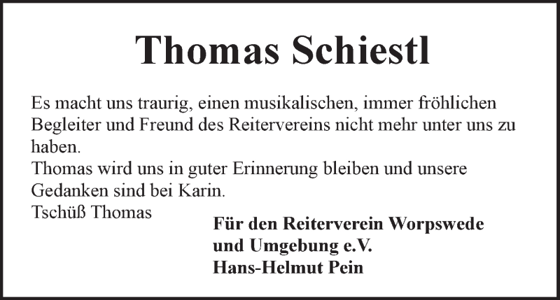  Traueranzeige für Thomas Schiestl vom 25.04.2017 aus Wuemme Zeitung