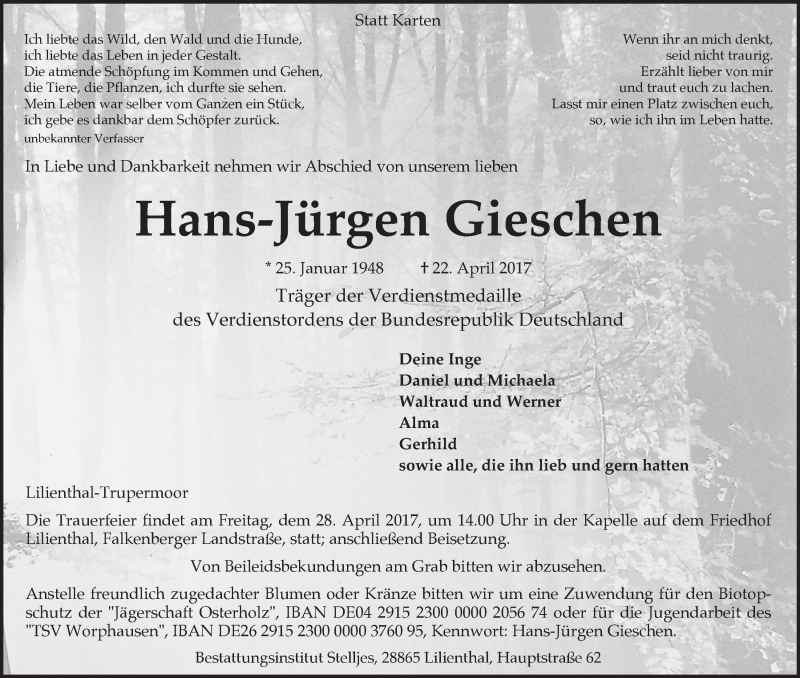  Traueranzeige für Hans-Jürgen Gieschen vom 26.04.2017 aus WESER-KURIER