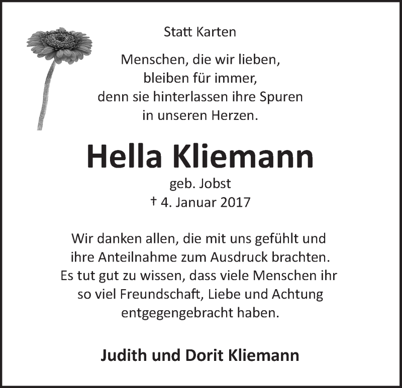 Traueranzeige von Hella Kliemann von WESER-KURIER