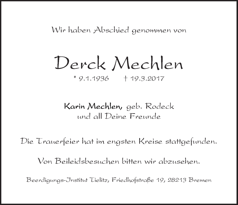 Traueranzeige von Derck Mechlen von WESER-KURIER