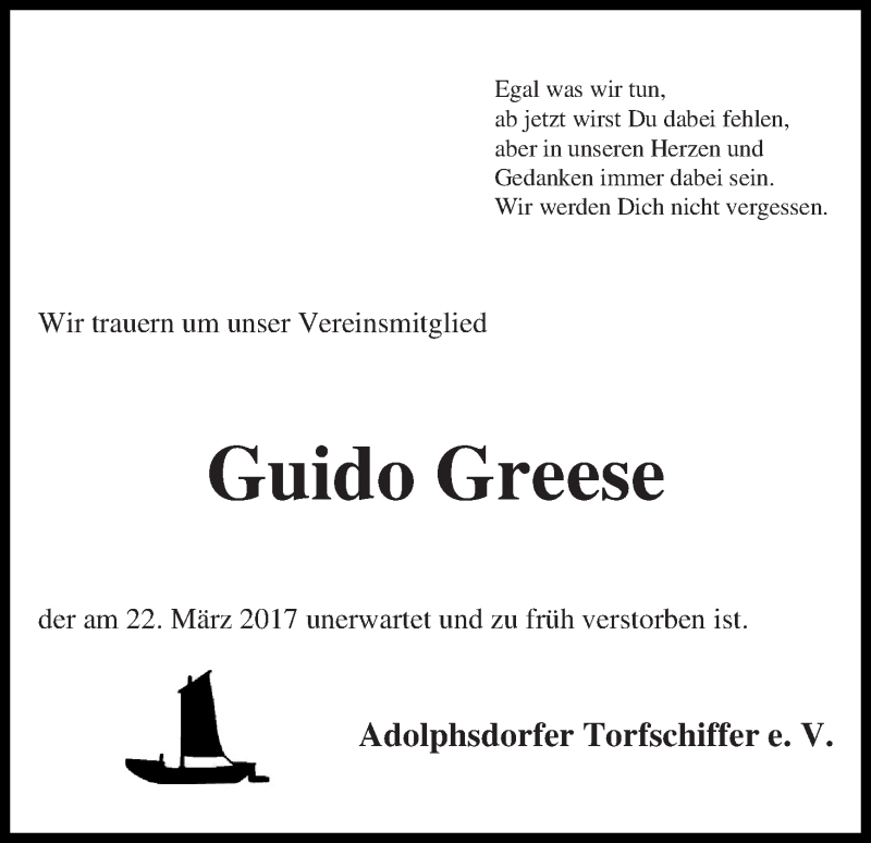 Traueranzeige von Guido Greese von Osterholzer Kreisblatt