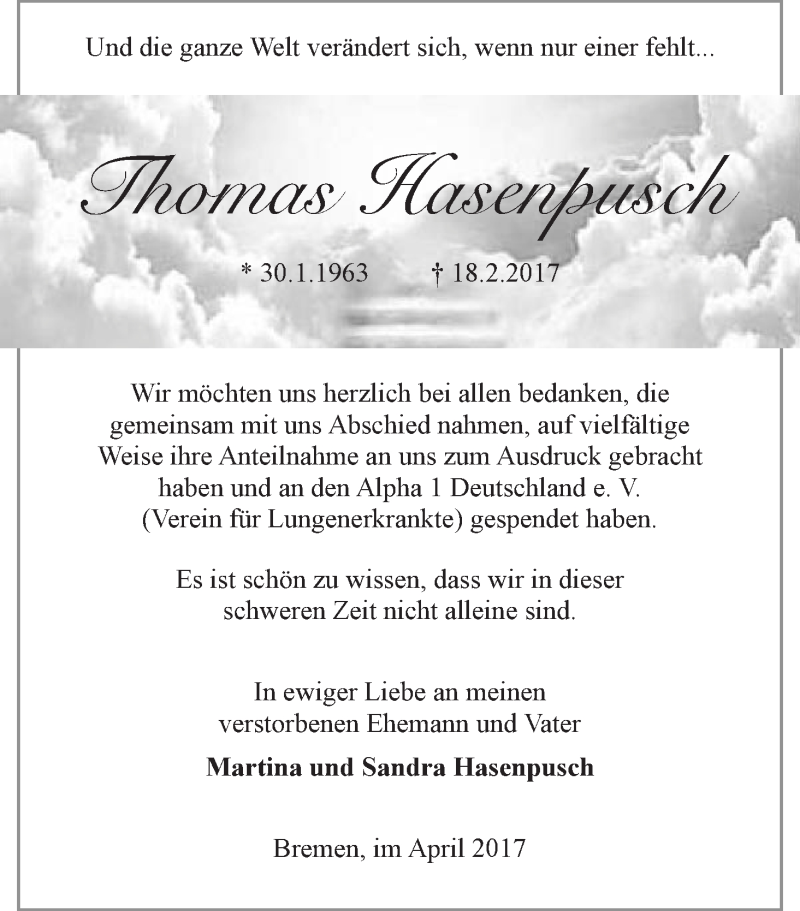 Traueranzeige von Thomas Hasenpusch von WESER-KURIER