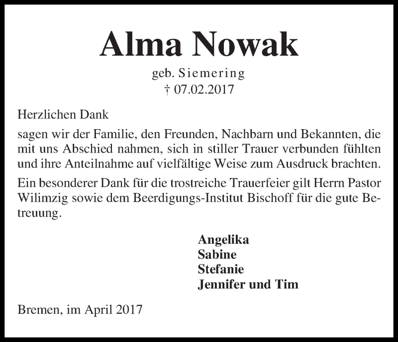 Traueranzeige von Alma Nowak von Die Norddeutsche