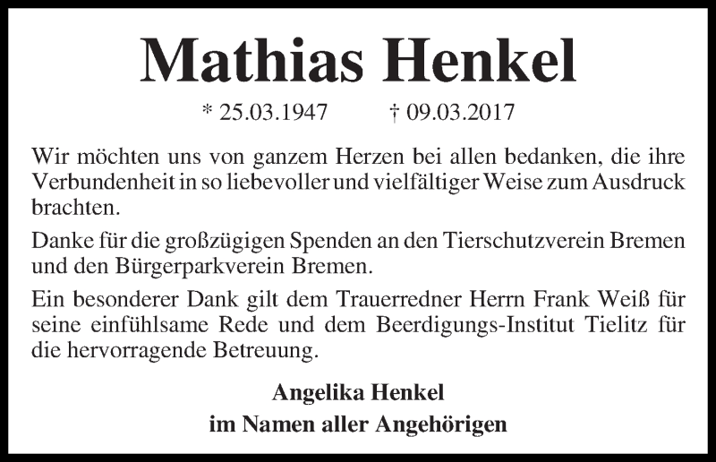 Traueranzeige von Mathias Henkel von WESER-KURIER