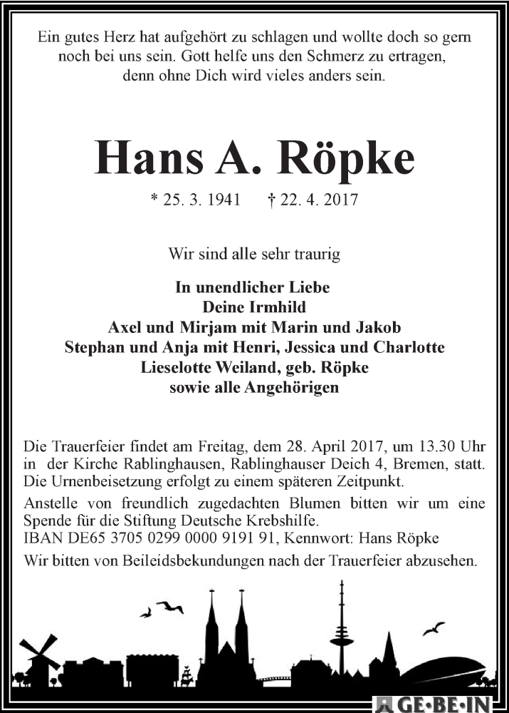 Traueranzeige von Hans A. Röpke von WESER-KURIER