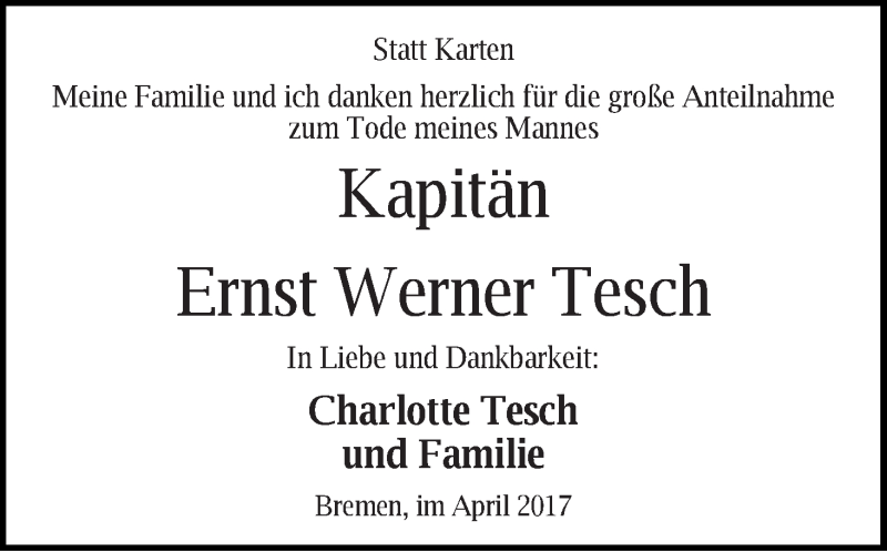 Traueranzeige von Ernst Werner Tesch von WESER-KURIER