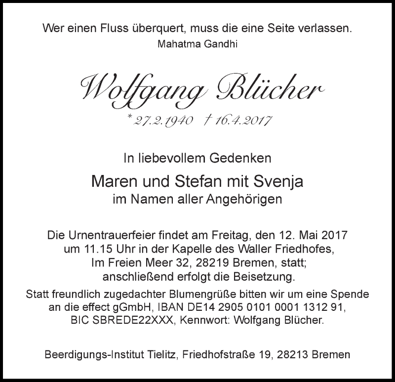 Traueranzeige von Wolfgang Blücher von WESER-KURIER