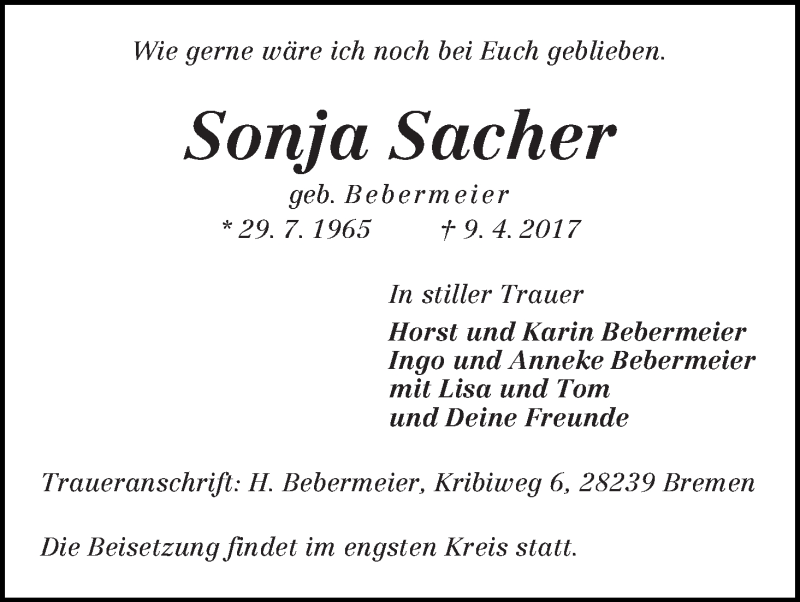Traueranzeige von Sonja Sacher von WESER-KURIER