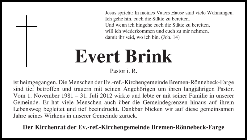 Traueranzeige von Evert Brink von Die Norddeutsche