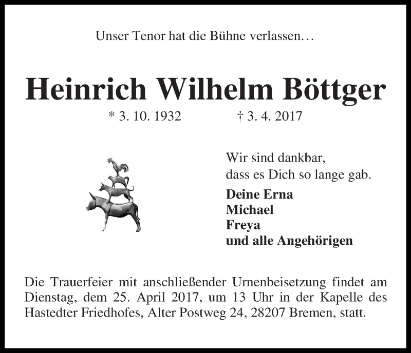 Traueranzeige von Heinrich Wilhelm Böttger von WESER-KURIER