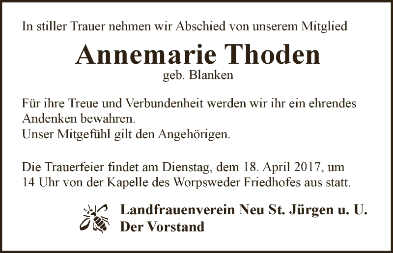 Traueranzeige von Annemarie Thoden von Wuemme Zeitung