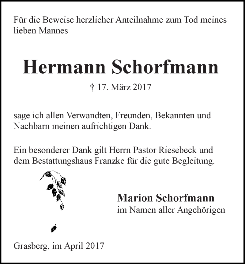 Traueranzeige von Hermann Schorfmann von Wuemme Zeitung