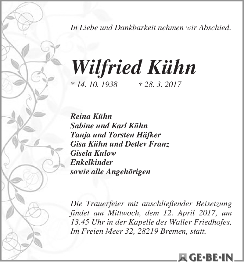 Traueranzeige von Wilfried Kühn von WESER-KURIER