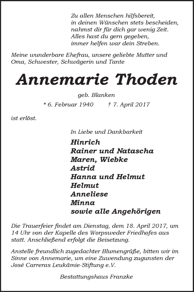 Traueranzeige von Annemarie Thoden von Wuemme Zeitung