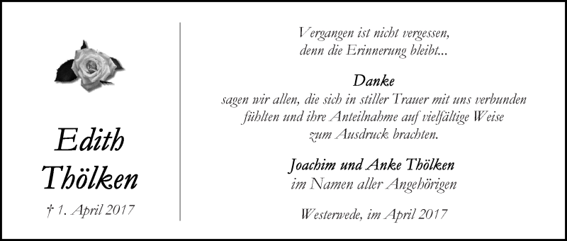 Traueranzeige von Edith Thölken von Wuemme Zeitung