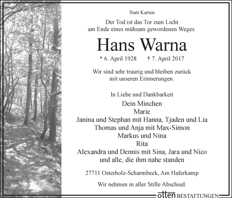 Traueranzeige von Hans Warna von Osterholzer Kreisblatt