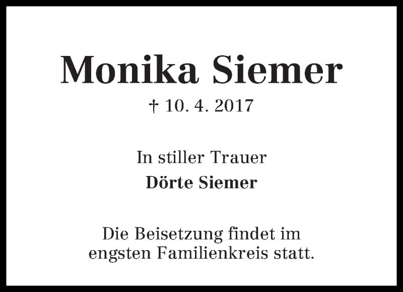 Traueranzeige von Monika Siemer von WESER-KURIER