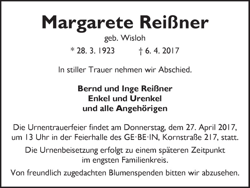 Traueranzeige von Margarete Reiß?ner von WESER-KURIER