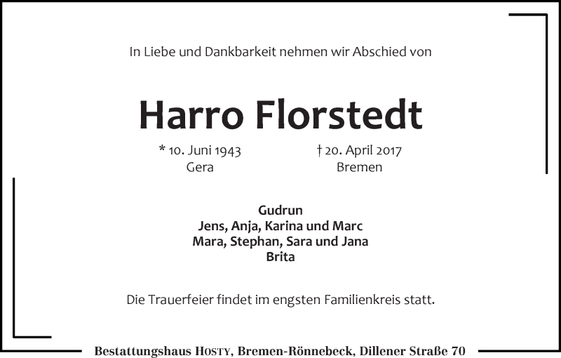  Traueranzeige für Harro Florstedt vom 24.04.2017 aus Die Norddeutsche