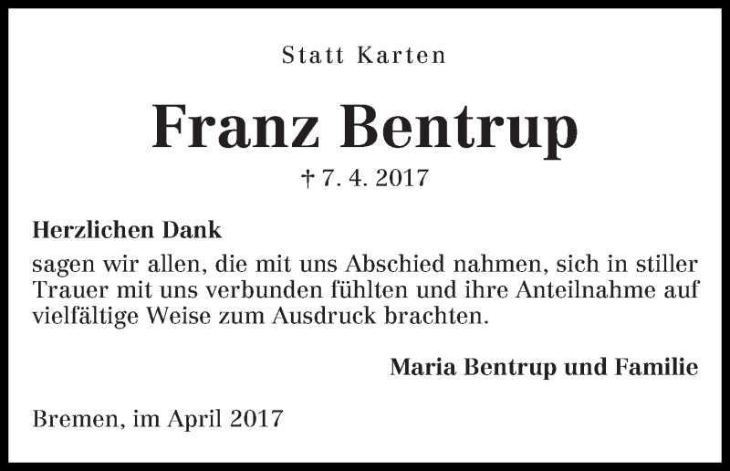 Traueranzeige von Franz Bentrup von WESER-KURIER