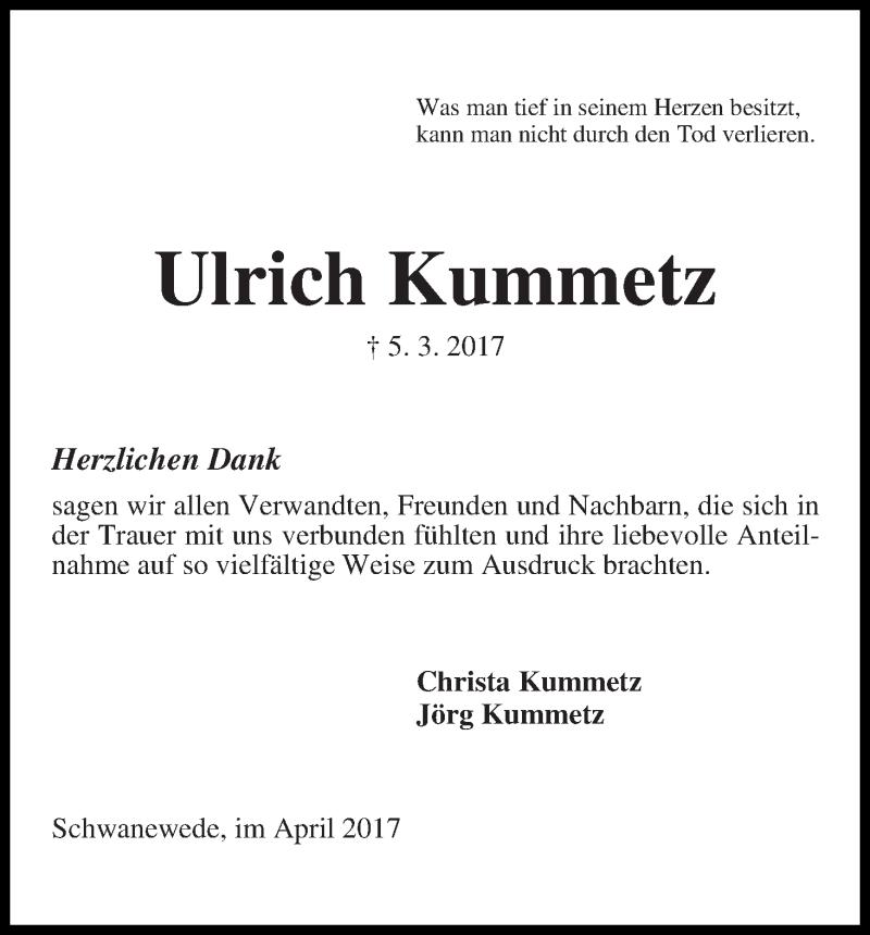 Traueranzeige von Ulrich Kummetz von Die Norddeutsche
