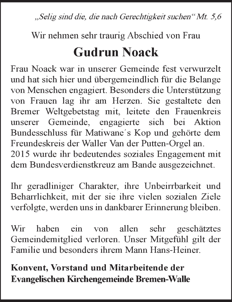  Traueranzeige für Gudrun Noack vom 27.04.2017 aus WESER-KURIER
