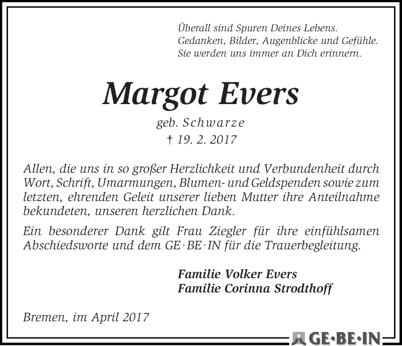 Traueranzeige von Margot Evers von WESER-KURIER