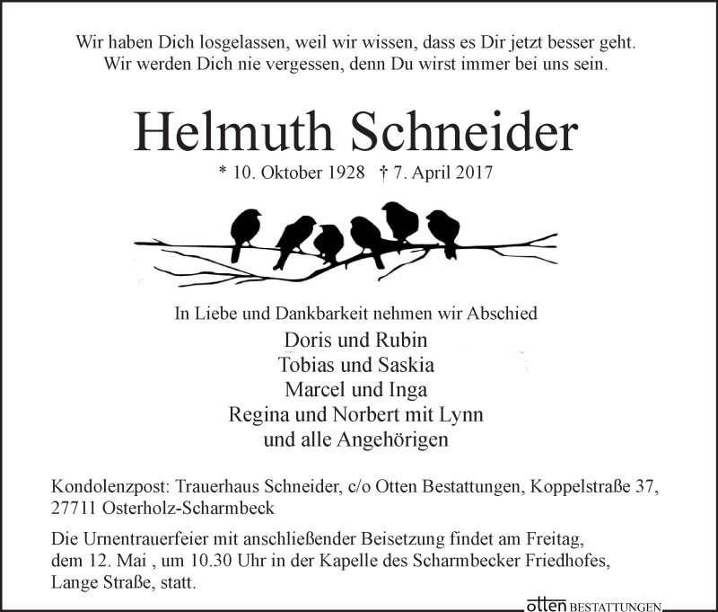 Traueranzeige von Helmuth Schneider von Osterholzer Kreisblatt