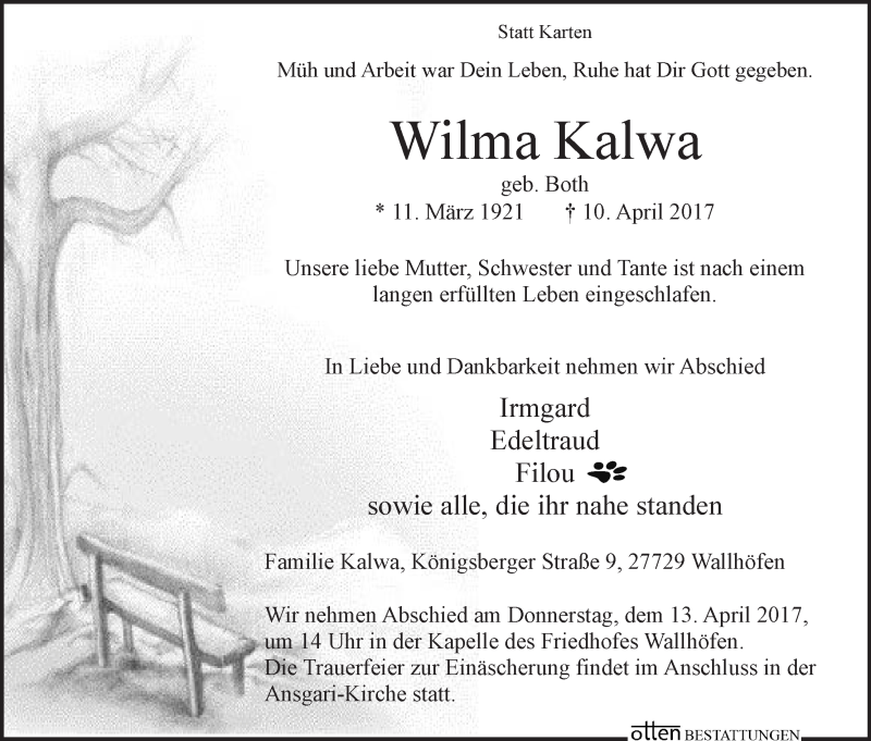 Traueranzeige von Wilma Kalwa von Osterholzer Kreisblatt