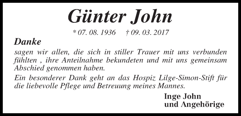 Traueranzeige von Günter John von Osterholzer Kreisblatt