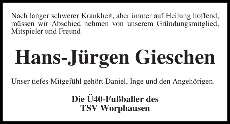 Traueranzeige für Hans-Jürgen Gieschen vom 26.04.2017 aus Wuemme Zeitung