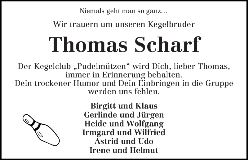  Traueranzeige für Thomas Scharf vom 19.04.2017 aus Die Norddeutsche