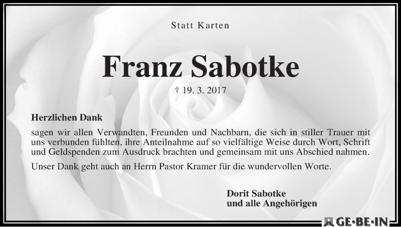 Traueranzeige von Franz Sabotke von WESER-KURIER