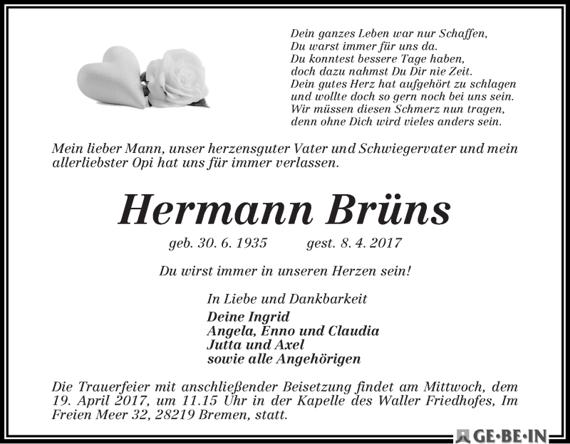 Traueranzeige von Hermann Brüns von WESER-KURIER