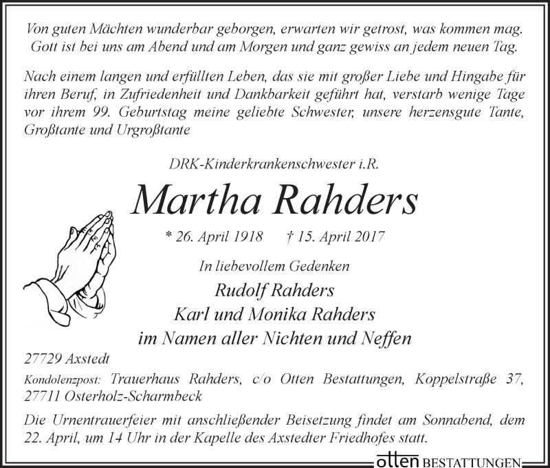 Traueranzeige von Martha Rahders von Osterholzer Kreisblatt