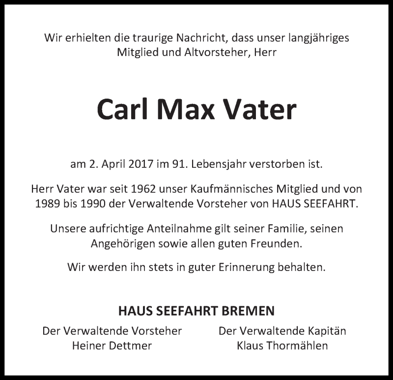 Traueranzeige von Carl Max Vater von WESER-KURIER