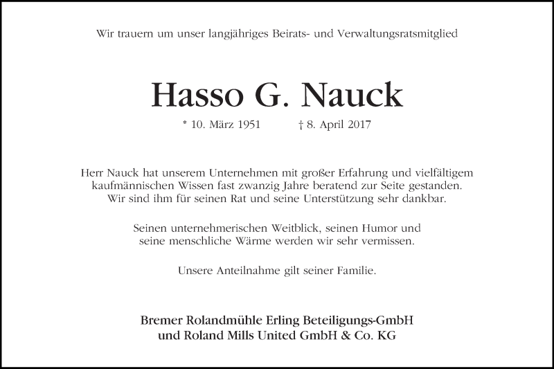  Traueranzeige für Hasso G. Nauck vom 15.04.2017 aus WESER-KURIER